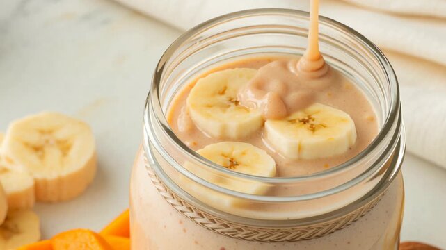 Allergy aware cooking. Creamy Banana Smoothie in Jar with Mango Chunks and Almond Garnish for Refreshing and Healthy Treat