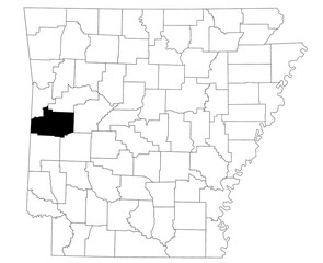 Obraz premium Map of Scott County in Arkansas state on white background. Single county map highlighted by black colour on Arkansas map. UNITED STATES, US