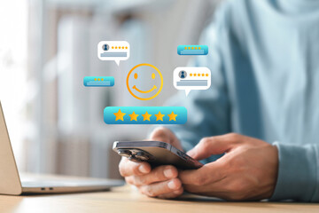 Customer satisfaction rating and feedback concept , Five-star rating on virtual feedback interface,...
