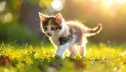 A small, calico kitten walks across a sun-drenched lawn, its fur illuminated by a golden, blurred background