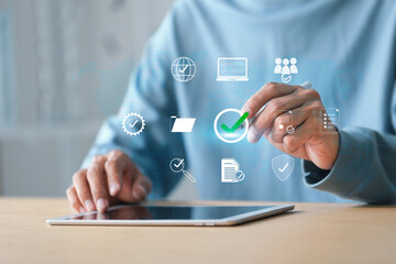 Digital Data Verification and Management , businessman using laptop with digital document icons...