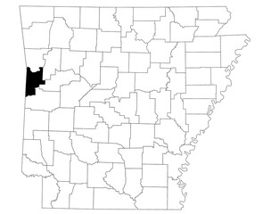 Map of Sebastian County in Arkansas state on white background. Single county map highlighted by black colour on Arkansas map. UNITED STATES, US