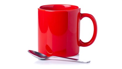 A red ceramic mug stands near a silver spoon on a stark white surface, highlighting the bold color contrast and simple form