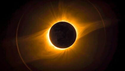 A radiant solar eclipse with a dark moon silhouette surrounded by a bright, glowing corona effect on black