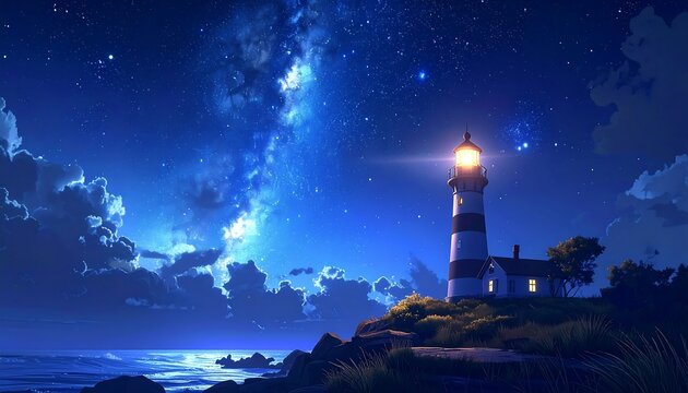 Coastal scene with lighthouse under a starry night sky with clouds and waves