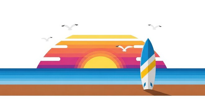 A vibrant illustration of a sunset over the ocean with a surfboard on the beach and seagulls.