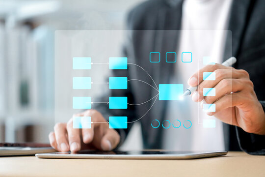 workflow process automation and business process mapping concept , Businessman using laptop with implementation to improve productivity and efficiency Management and organization.