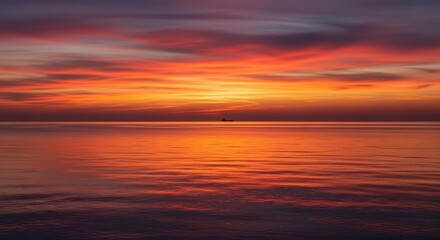 Naklejka premium Tranquil sunset over ocean with vibrant orange and purple sky