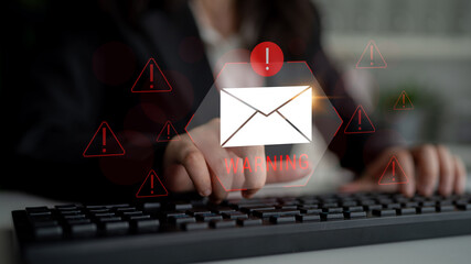 Digital warning mail interface highlights email threat detection, security monitoring, and proactive prevention of phishing and malware intrusions. Parse