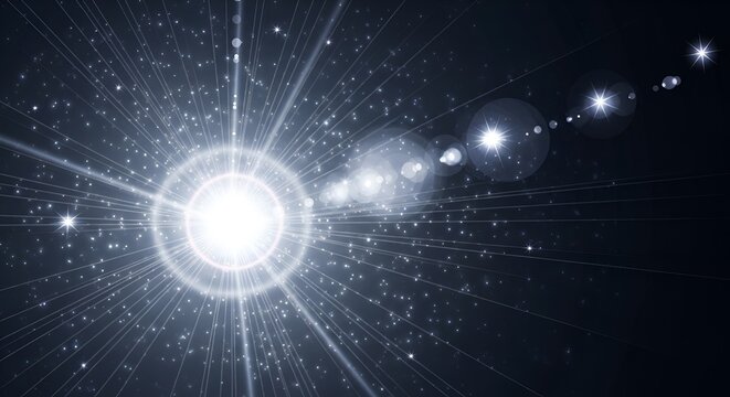 Radiant light burst with lens flares and star particles on a dark background