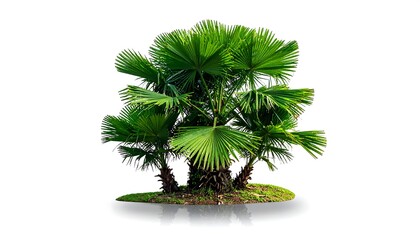 A small, isolated palm tree with bright green, fan-shaped leaves on a patch of green grass, casting a shadow