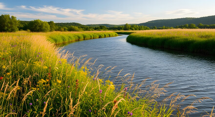 Peaceful meandering river through grasslands under a bright daytime sky