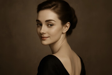 Random photo effect: A slight smile on a perfect face, looking back elegantly, she is perfection itself. Refined vocabulary.