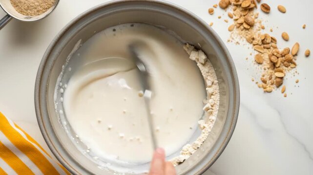 Allergy aware cooking. Mixing Flour and Milk in Bowl with Spoon on White Surface, Surrounded by Granola, Creating Cozy Baking Atmosphere