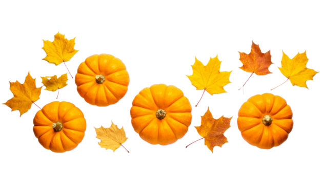 Orange Pumpkins and Maple Leaves Isolated on Transparent Background, Top View