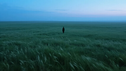 Lonely Person Standing in a Green Wheat Field on the Horizon Thinking Background