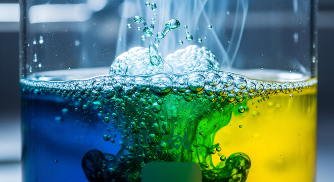 Colorful chemical reaction in laboratory beaker with bubbling liquid