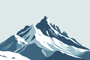 Vector illustration of a high snow covered mountain peak with sharp ridges and blue sky with clouds in the background