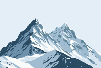 Vector illustration of a high snow covered mountain peak with sharp ridges and blue sky with clouds in the background