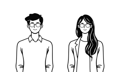 Vector illustration of a group of people, black and white line drawing of men and women, minimalist design, human silhouette, female portrait, male portrait, outline art