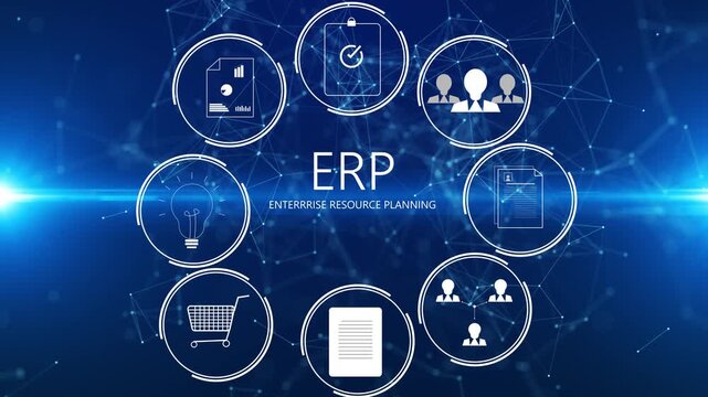 ERP platform visual showing centralized system for enterprise resource planning, improving integration, data flow, business efficiency, finance, inventory, and human resources.