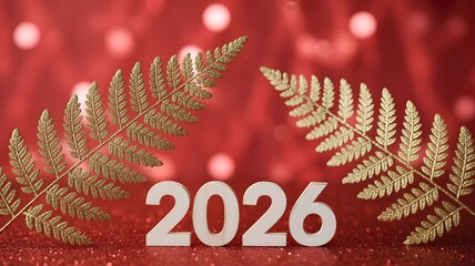 Elegant 2026 New Year celebration background with golden fern leaves, festive red glitter backdrop, luxury holiday decoration, and modern Christmas design
