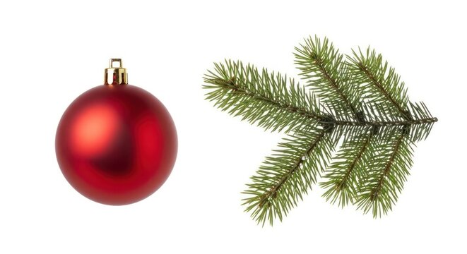 Isolated Christmas Ornament and Pine Branch Arrangement on White Background Element