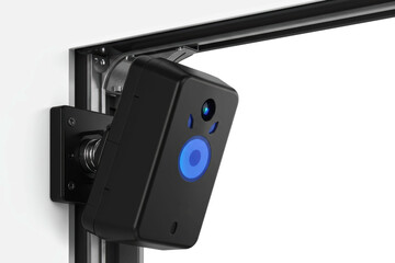 Obraz premium Conceptual minimalist smart home security device with camera lens on a transparent background