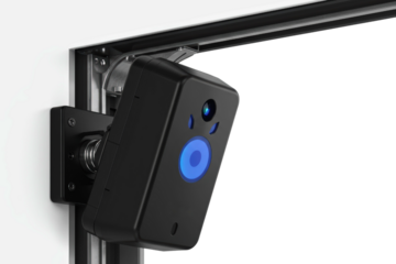 Conceptual minimalist smart home security device with camera lens on a transparent background