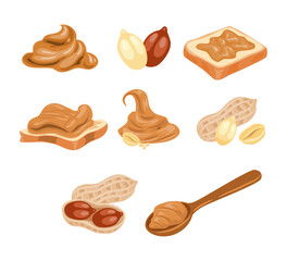 Set of peanut butter set collection with spread toast bread, peanut butter swirl, spoon, nuts, piece of toast bread, whole and peeled peanuts, isolated on white background flat vector illustration