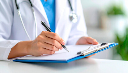 A doctor in a white coat is writing on a clipboard with a pen, with a stethoscope around their neck.