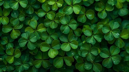 A seamless background filled with fresh green clover leaves, natural lighting, high detail, realistic texture, soft shadows, macro photography style.