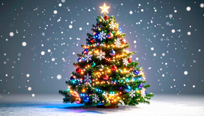 Fototapeta premium A beautifully decorated Christmas tree with colorful lights and ornaments, set against a snowy background.