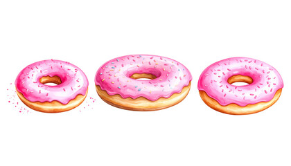 Pink donut with sugar glaze and sprinkles isolated on white background