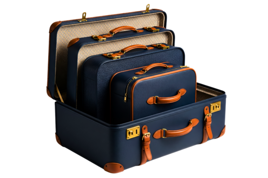 Set of three nested vintage-style blue travel suitcases on a transparent background