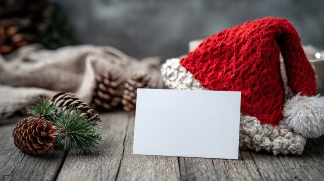 White blank greeting card mockup with green pine cones, red santa claus hat and holiday gift sack on a minimalist winter background, perfect for christmas postcards, seasonal promotions, festive adver