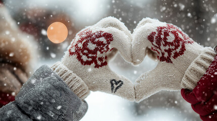 Close-up of couple's hands wearing mittens drawing heart in snow with their initials inside, Santa hats visible in frame, romantic detail shot, soft focus background, warm winter clothing