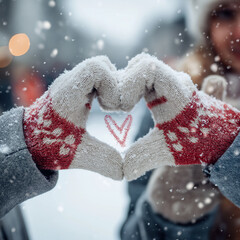Close-up of couple's hands wearing mittens drawing heart in snow with their initials inside, Santa hats visible in frame, romantic detail shot, soft focus background, warm winter clothing