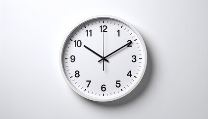 Minimalist White Round Wall Clock With Black Numbers And Hands Mounted On A White Wall With Subtle Shadows