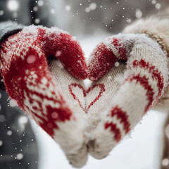 Close-up of couple's hands wearing mittens drawing heart in snow with their initials inside, Santa hats visible in frame, romantic detail shot, soft focus background, warm winter clothing