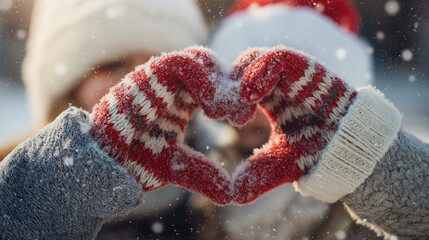 Close-up of couple's hands wearing mittens drawing heart in snow with their initials inside, Santa hats visible in frame, romantic detail shot, soft focus background, warm winter clothing
