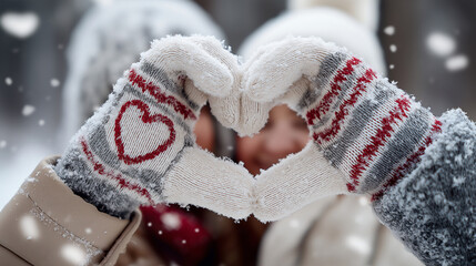 Close-up of couple's hands wearing mittens drawing heart in snow with their initials inside, Santa hats visible in frame, romantic detail shot, soft focus background, warm winter clothing