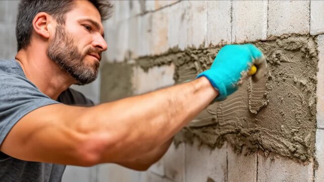 A construction worker carefully applies mortar to a block wall, skillfully using a trowel to ensure proper adhesion and reinforcing the structure with a cement mixture.