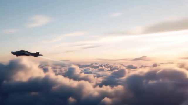 A future A.I. jet flies over clouds