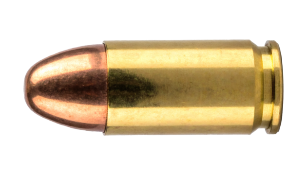 Single 9mm brass bullet with copper tip, a powerful symbol of defense and protection