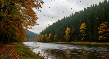 Autumnal River Scene: Forested Banks and Falling Leaves Reflect a Changing Season
