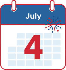 July 4th calendar icon celebrating independence day with fireworks sparkles isolated on transparent background