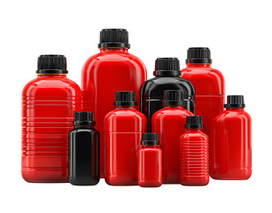 Vibrant collection of shiny red and black bottles with black caps, perfect for product mockups and branding