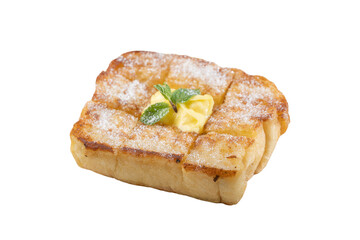 A delicious toast with butter and powdered sugar. The toast has a golden-brown crust and a soft interior, topped with a pat of butter and a sprinkle of powdered sugar.