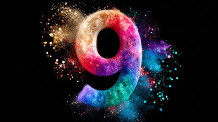 Vibrant multicolored number nine with explosive paint effect on black background